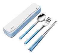 DEVICO Utensilios de viaje con funda, juego de 4 cubiertos portátiles para el trabajo, cubiertos reutilizables de acero inoxidable 18/8, cuchara coreana y tenedor de palillos para camping, escuela
