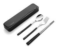 DEVICO Utensilios de viaje, juego de cubiertos de acero inoxidable 18/8 de 4 piezas, cubiertos portátiles reutilizables para campamento, incluye tenedor, cuchara y palillos con estuche (negro)