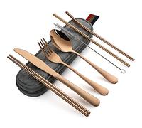 DEVICO Utensilios portátiles, juego de cubiertos de viaje, camping, 8 piezas, incluyendo cuchillo, tenedor, cuchara, palillos, cepillo de limpieza, pajitas, estuche portátil, juego de cubiertos de