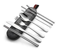 DEVICO Utensilios portátiles, juego de cubiertos de viaje, camping, 8 piezas, incluyendo cuchillo, tenedor, cuchara, palillos, cepillo de limpieza, pajitas, estuche portátil, juego de cubiertos de