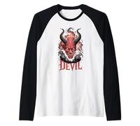 Devil Horned Demon Head Hellfire Oculto Fantasía Oscura Camiseta Manga Raglan