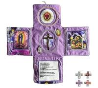 Devocional de bolsillo hecho a mano, edición de fe, kit de oración de viaje católico de 10 pulgadas con cruz, bolsa de tela plegable en forma de cruz, imágenes de santos y oraciones españolas, regalo