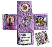 Devocional de bolsillo hecho a mano - edición de fe, kit de oración de viaje católico de 10 pulgadas con cruz, bolsa de tela plegable en forma de cruz, imágenes de santos y oraciones (Purple)