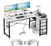 Devoko Escritorio Esquinero en L, Escritorio de Esquina con 4 Cajón Reversible, 160x80 cm Mesa Ordenador y con Puerto de Carga USB y Toma de Corriente para Hogar, Estudio o Secretaría, Blanco