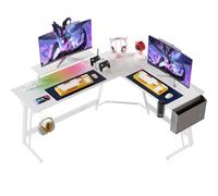 Devoko Mesa de Gaming con LED, Escritorio de Gaming en Forma de L 160×130 cm con Soporte de Monitor, Escritorio de Ordenador para Escritorio y Juego, Escritorio Gamer en Fibra de Carbono Blanco