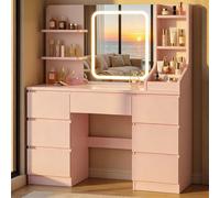 Devoko Tocador Colección Serenoxa, Mesa de Maquillaje con LED Espejo 3 Colores Luz Ajustable, con 7 Cajones Grandes 4 Estantes 3 Compartimentos de Almacenamiento, 110 x 40 x 139 cm Rosa