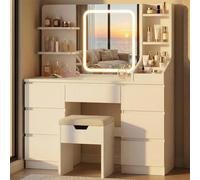 Devoko Tocador Colección Serenoxa, Mesa de Maquillaje con Taburete con LED Espejo 3 Colores Luz Ajustable, con 7 Cajones Grandes 4 Estantes 3 Compartimentos de Almacenamiento, 110 x 40 x 139 cm Blanco