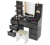 Devoko Tocador de Maquillaje con LED Espejo y 7 Cajones Grandes, con Taburete, 3 Colores con Luz Ajustable, Tocador con 8 Estantes para Dormitorio, Mesa de Maquillaje de Almacenaje Moderno, Negro