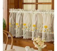 Devola Visillo con flores bordadas, cortina corta con pompones, cortina semitransparente, estilo rústico, decoración para ventana, para cocina, baño, salón, 45 x 180 cm, color crema, 1 unidad