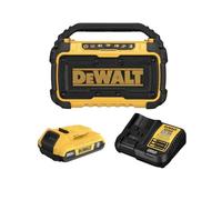 DEWALT Altavoz Bluetooth de 20 V máximo con altavoces duales, carcasa resistente a los impactos, rango de 100 pies, puerto de carga USB, batería de 2.0 Ah y cargador incluidos