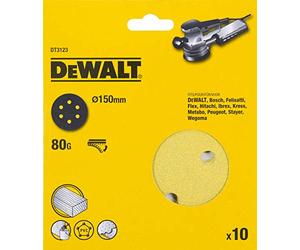 DeWalt DT3123-QZ - Discos de lija de 150 mm y grano 80, con velcro de acoplamiento rápido y 6 orificos perforados