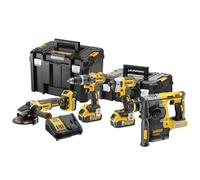 DEWALT Kit 4 herramientas no escobillas 18V XR 3 baterías 5Ah, DCK422P3T-QW | Kit 18V XR con taladro percutor, atornillador de impacto, amoladora 125 mm, martillo SDS-Plus y 3 baterías 5Ah.