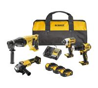 DEWALT Kit Combo 18V de 4 Herramientas (Taladro Percutor Compacto, Atornillador de Impacto, Martillo Rotativo SDS-Plus 18V, Amoladora Angular 125mm) con 3 Baterías de 4Ah en Bolsa Blanda, DCK424M3-QW
