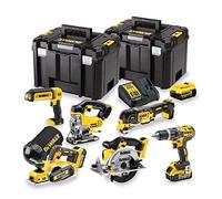 DeWalt Kit de herramientas eléctricas inalámbricas de 18 V, ideal para trabajar la madera, DCK665P3T-GB. Incluye DCD796: taladro combinado de 2 velocidades sin escobillas, cepilladora sin escobillas DCP580, multiherramienta sin escobillas DCS355+accesorios sierra circular DCS391, sierra de calar DCS331, luz inalámbrica DCL050 y baterías de iones de litio DCB184 XR 5.0Ah x 3 + cargador de voltaje múltiple