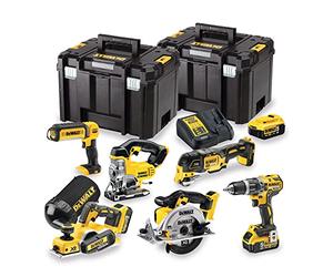 DeWalt Kit de herramientas eléctricas inalámbricas de 18 V, ideal para trabajar la madera, DCK665P3T-GB. Incluye DCD796: taladro combinado de 2 velocidades sin escobillas, cepilladora sin escobillas DCP580, multiherramienta sin escobillas DCS355+accesorios sierra circular DCS391, sierra de calar DCS331, luz inalámbrica DCL050 y baterías de iones de litio DCB184 XR 5.0Ah x 3 + cargador de voltaje múltiple