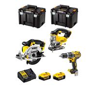 DeWALT Kit DWK300 (Taladro Percutor DCD796 + Sierra de Calar DCS331 + Sierra Circular DCS391 + 2 Baterías de 5,0 Ah + Cargador + 2 x TSTAK VI)