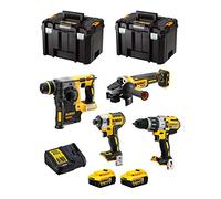 DeWALT Kit DWK401 (Taladro Percutor DCD996 + Martillo Perforador DCH273 + Mini-Amoladora DCG405 + Atornillador de Impacto DCF887 + 2 Baterías de 5,0 Ah + Cargador + 2 x TSTAK VI)