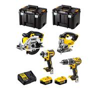 DeWALT Kit DWK402 (Taladro Percutor DCD796 + Atornillador de Impacto DCF887 + Sierra de Calar DCS331 + Sierra Circular DCS391 + 2 Baterías de 5,0 Ah + Cargador + 2 x TSTAK VI)