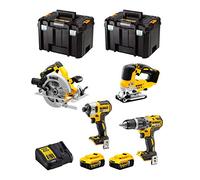 DeWALT Kit DWK403 (Taladro Percutor DCD796 + Atornillador de Impacto DCF887 + Sierra de Calar DCS334 + Sierra Circular DCS570 + 2 Baterías de 5,0 Ah + Cargador + 2 x TSTAK VI)