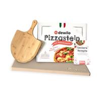 dewilo Piedra para pizza + pala para pizza para horno y parrilla: piedra rectangular (rectangular) de cordierita + libro de recetas - La placa de piedra para una pizza crujiente como del horno de