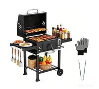 DEWINNER Carbón para barbacoa, coche de cocina XXL, barbacoa con tapa | Termómetro, guantes anticalor, chimenea y abrebotellas integrado, modelo grande ahumado para barbacoa de carbón