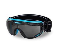 DEX FIT Gafas de protección SG220; antivaho y arañazos, protección Z87 para laboratorio, ciencia y química, para mujeres y hombres, (montura negra y azul, lentes tintadas, correa de 19 cm)