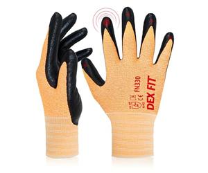 DEX FIT Guantes de Trabajo FN330, Ajuste Cómodo Elástico 3D, Buen Agarre, Recubrimiento de Espuma Duradero de Nitrilo, Táctil, Fino y Ligero, Lavable en la Lavadora, Orange 7 (S) 3 Pares