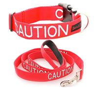 Dexil PRECAUCIÓN (No se acerque) Collar para Perros SM L-XL con código de Color Rojo y Juegos de Correas con asa Acolchada de Neopreno de Lujo de 60 cm, 1,2 m y 1,8 m PREVIENE Accidentes advirtiendo