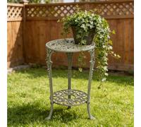 Dexinhdh Mesas De Centro Redondas De Hierro Forjado, Mesas De Bistró De 2 Niveles para Jardín, Hechas De Hierro Fundido con Patrones En Relieve, Mesa Auxiliar Creativa para Patio(Green)