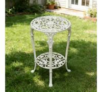 Dexinhdh Mesas De Centro Redondas De Hierro Forjado, Mesas De Bistró De 2 Niveles para Jardín, Hechas De Hierro Fundido con Patrones En Relieve, Mesa Auxiliar Creativa para Patio(White)