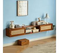 Dexinhdh Mueble De TV Flotante Moderno De Ratán, Consola De TV Montada En La Pared, Diseño con Puerta Corredera, Centro De Entretenimiento Flotante con Tirador Metálico(A,150cm)