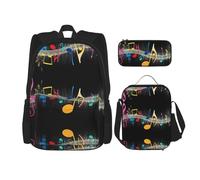 DEXNEL Colorida mochila de notas musicales con fiambrera, juego de 3 mochilas escolares a juego para aplicación en el universo, NEGRO, One Size, Juego de mochila escolar