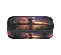 Dexnel Estuche para lápices, estuche para bolígrafos, bolsa de papelería simple con 4 compartimentos, organizador de oficina, paneles de madera, impresión de fondo, Molino de viento Sunset, One Size,