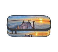 Dexnel Estuche para lápices, estuche para bolígrafos, bolsa de papelería simple con 4 compartimentos, organizador de oficina, estampado de estrellas de Feliz Navidad, Lago bajo el atardecer, One Size,
