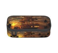 Dexnel Estuche para lápices, estuche para bolígrafos, bolsa de papelería simple con 4 compartimentos, organizador de oficina, estampado de granos de café, Barco al atardecer, Talla única, Organizador