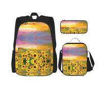 DEXNEL Hermosa mochila con diseño de girasoles y puesta de sol con fiambrera, juego de 3 mochilas escolares a juego para aplicación en el universo, NEGRO, One Size, Juego de mochila escolar