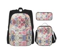 DEXNEL Juego de 3 mochilas escolares a juego con diseño de rosas florales y fiambrera, para aplicación en el universo, NEGRO, One Size, Juego de mochila escolar