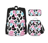 DEXNEL Juego de 3 mochilas escolares a juego con diseño de vaca con corazones Moo Love para aplicación en el universo, NEGRO, One Size, Juego de mochila escolar