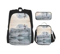 DEXNEL Lighthouse in Storm - Mochila con fiambrera, juego de 3 mochilas escolares a juego para aplicación en el universo, NEGRO, One Size, Juego de mochila escolar