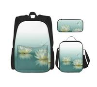 DEXNEL Mochila con diseño de libélula con lirio de agua con fiambrera, juego de 3 mochilas escolares a juego para aplicación en el universo, NEGRO, One Size, Juego de mochila escolar
