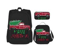 DEXNEL Mochila de gran capacidad con diseño de águila americana, bolsa de almuerzo, estuche para lápices, juego de 3, Coche rojo de Feliz Navidad, Talla única