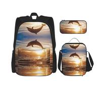 DEXNEL Mochila de gran capacidad con diseño de dibujos animados de Halloween, bolsa de almuerzo, estuche para lápices, juego de 3 piezas, Divertido delfín animal, Talla única, moderno