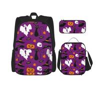 DEXNEL Mochila de gran capacidad con diseño de estrella de mar y conchas marinas, bolsa de almuerzo, estuche combinado, juego de 3 piezas, Terror de Halloween morado, Talla única, moderno