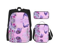 DEXNEL Mochila de gran capacidad con diseño de faro antiguo, bolsa de almuerzo, estuche para lápices, juego de 3 piezas, Mariposa Púrpura, Talla única