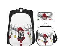 DEXNEL Mochila de gran capacidad con diseño de faro en el agua, bolsa de almuerzo, estuche para lápices, juego de 3 piezas, Alce navideño divertido, Talla única, moderno