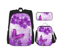 DEXNEL Mochila de gran capacidad con diseño de huevos rojos, bolsa de almuerzo, estuche para lápices, juego de 3 piezas, Mariposas moradas, Talla única