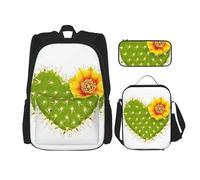 DEXNEL Mochila de gran capacidad con diseño de huevos rojos, bolsa de almuerzo, estuche para lápices, juego de 3 piezas, Cactus con flores, Talla única