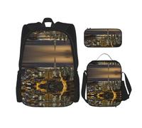 DEXNEL Mochila de gran capacidad con diseño de mariquita, bolsa de almuerzo, estuche combinado, juego de 3 piezas, Hermosa vista nocturna de la ciudad, Talla única