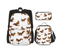 DEXNEL Mochila de gran capacidad, con diseño de pingüinos, bolsa de almuerzo, estuche combinado, juego de 3 piezas, Linda ardilla, Talla única