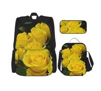 DEXNEL Mochila de gran capacidad con diseño de rosas amarillas, bolsa de almuerzo, estuche para lápices, juego de 3 piezas, Rosas amarillas, Talla única